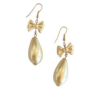 Faux Baroque Teardrop Pearl Drop Earrings with Bows
